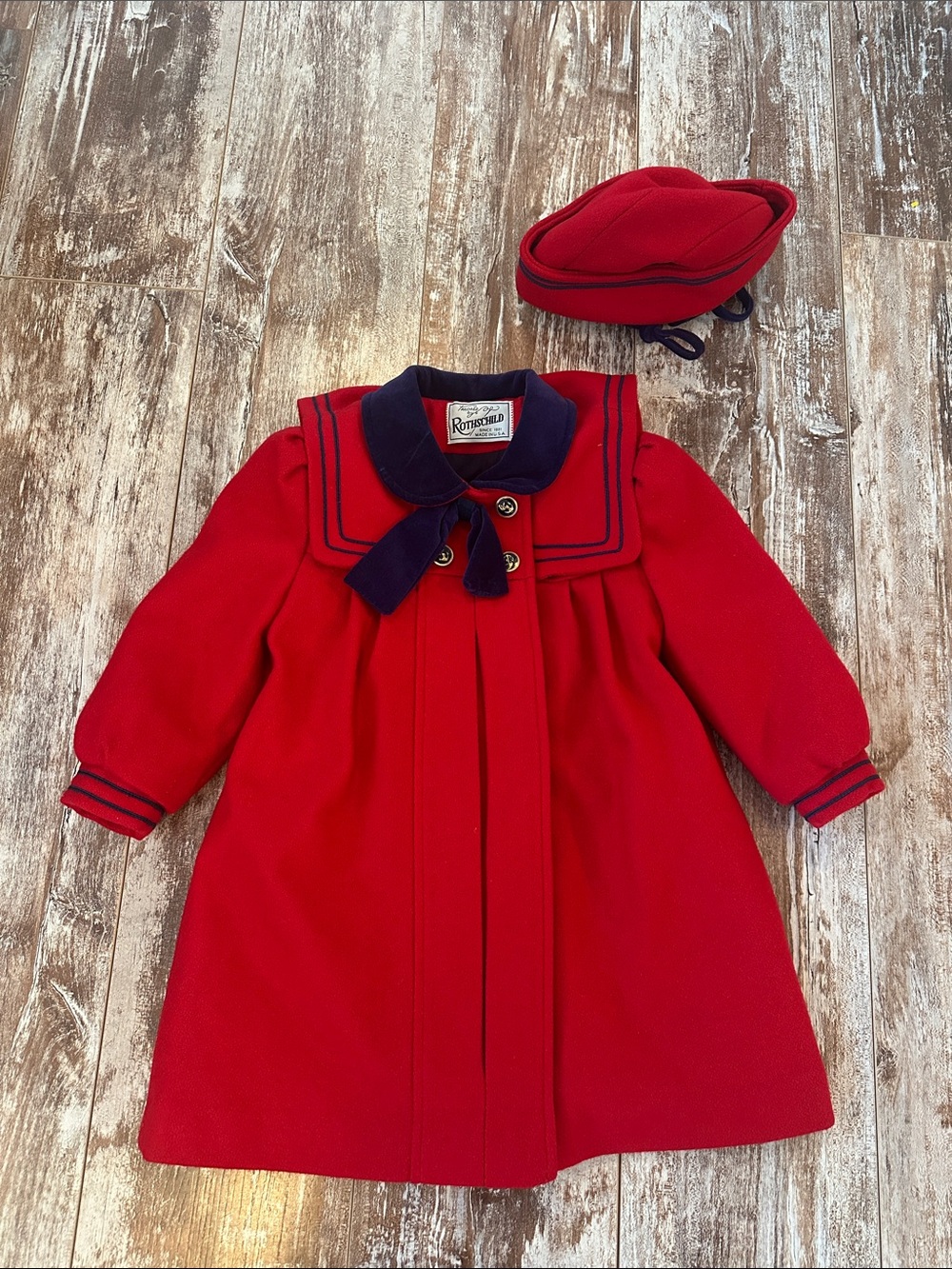 Vintage Girls Rothschild Red With Navy Winter Wool Coat Size 4 + Hat